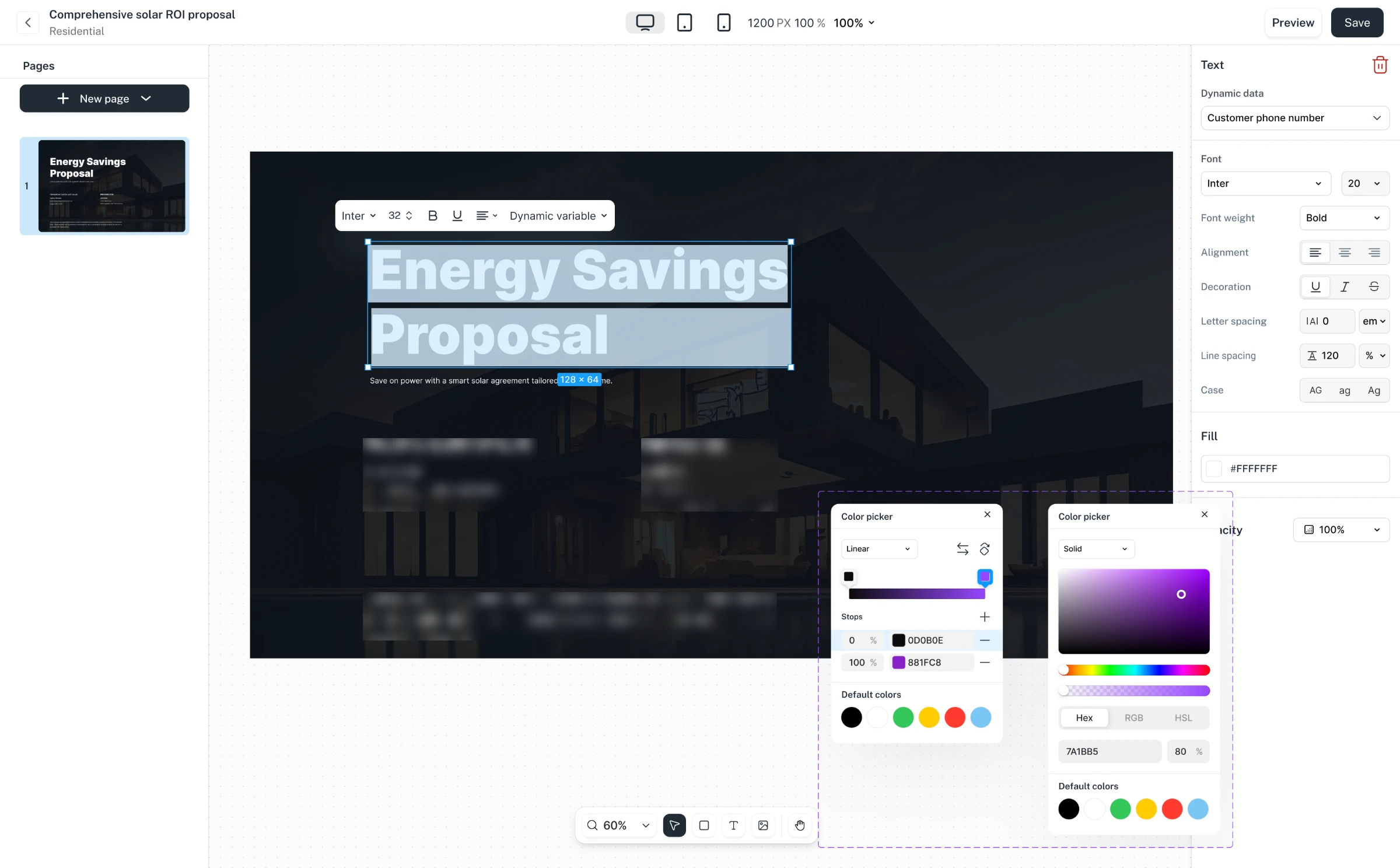 The Proposal Studio editor: the “Energy Savings Proposal” title selected on a proposal cover, with its text toolbar above it, the page list on the left, its text properties and dynamic data on the right, and gradient and solid colour pickers open.