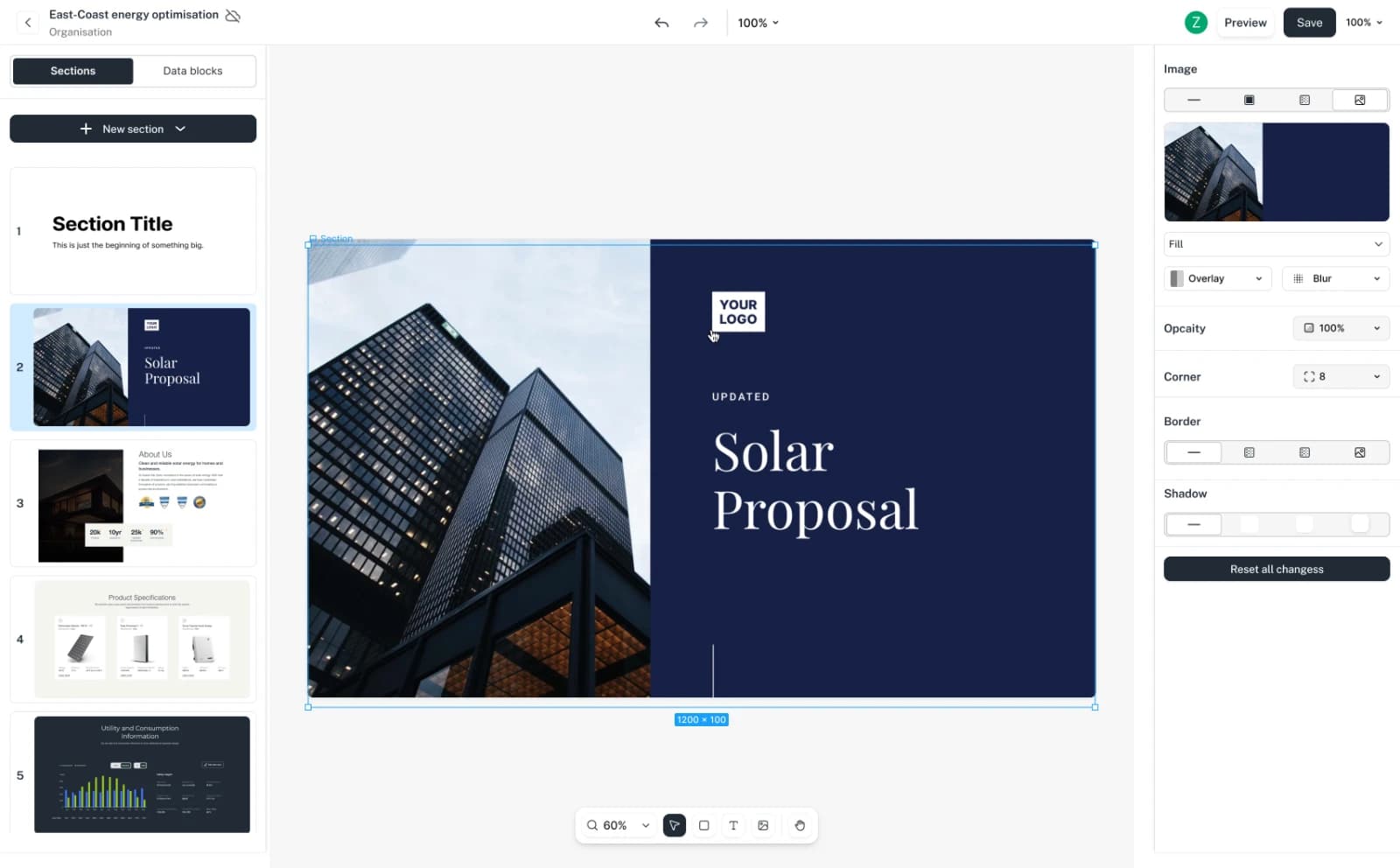 The Proposal Studio editor: a list of pages on the left, a Solar Proposal cover selected in the middle, and its image settings (fill, opacity, corners, border, shadow) on the right.